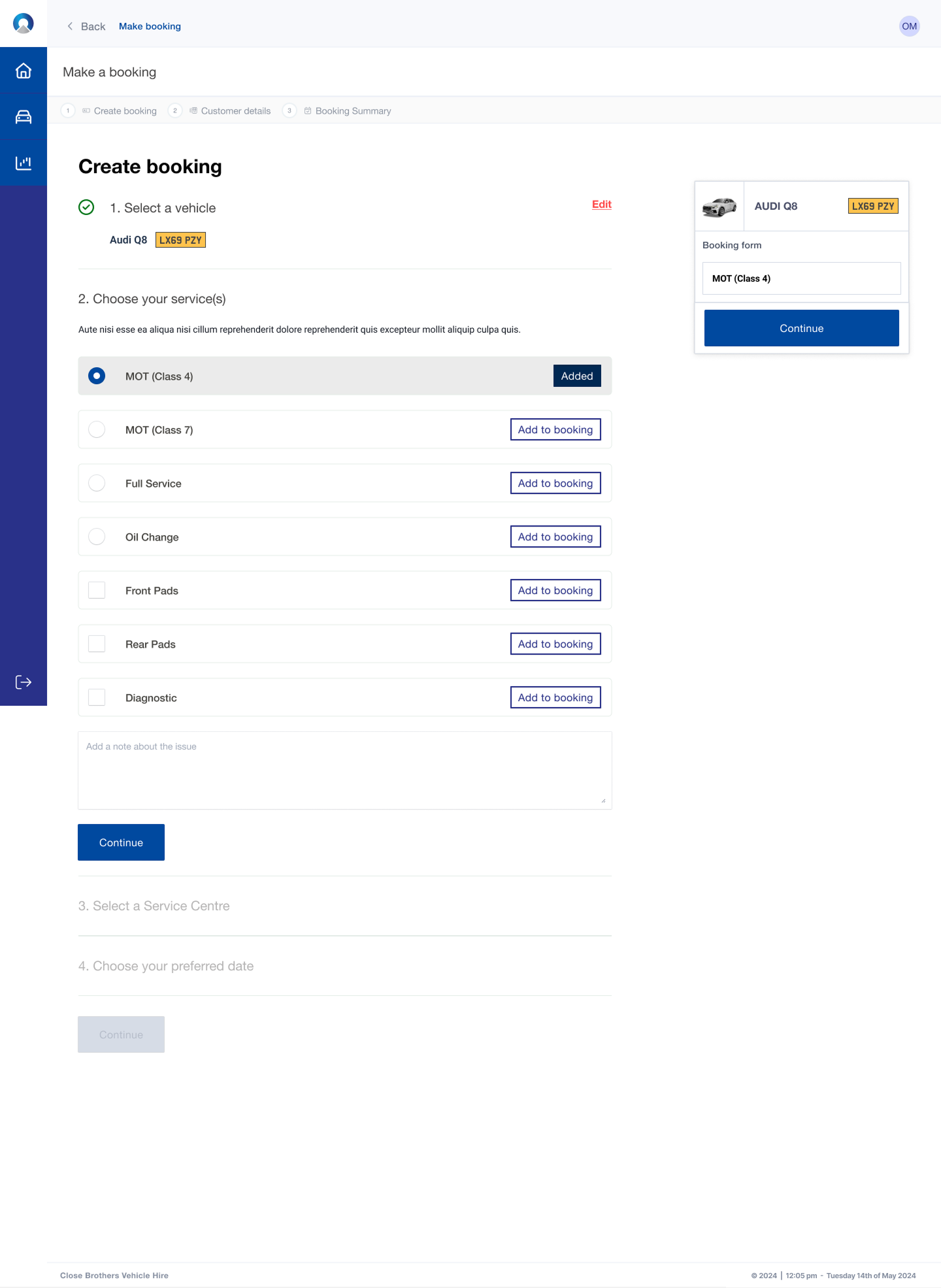 Agent Portal — Service selection with booking summary