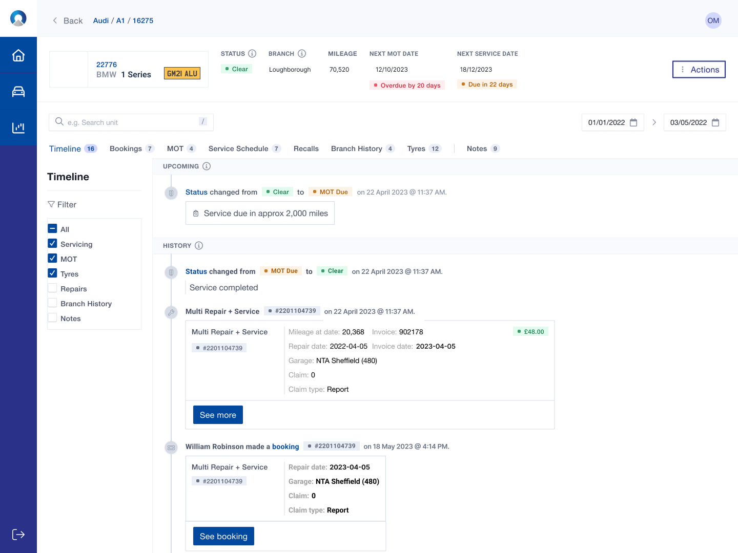 Fleet Management — Vehicle timeline and service history