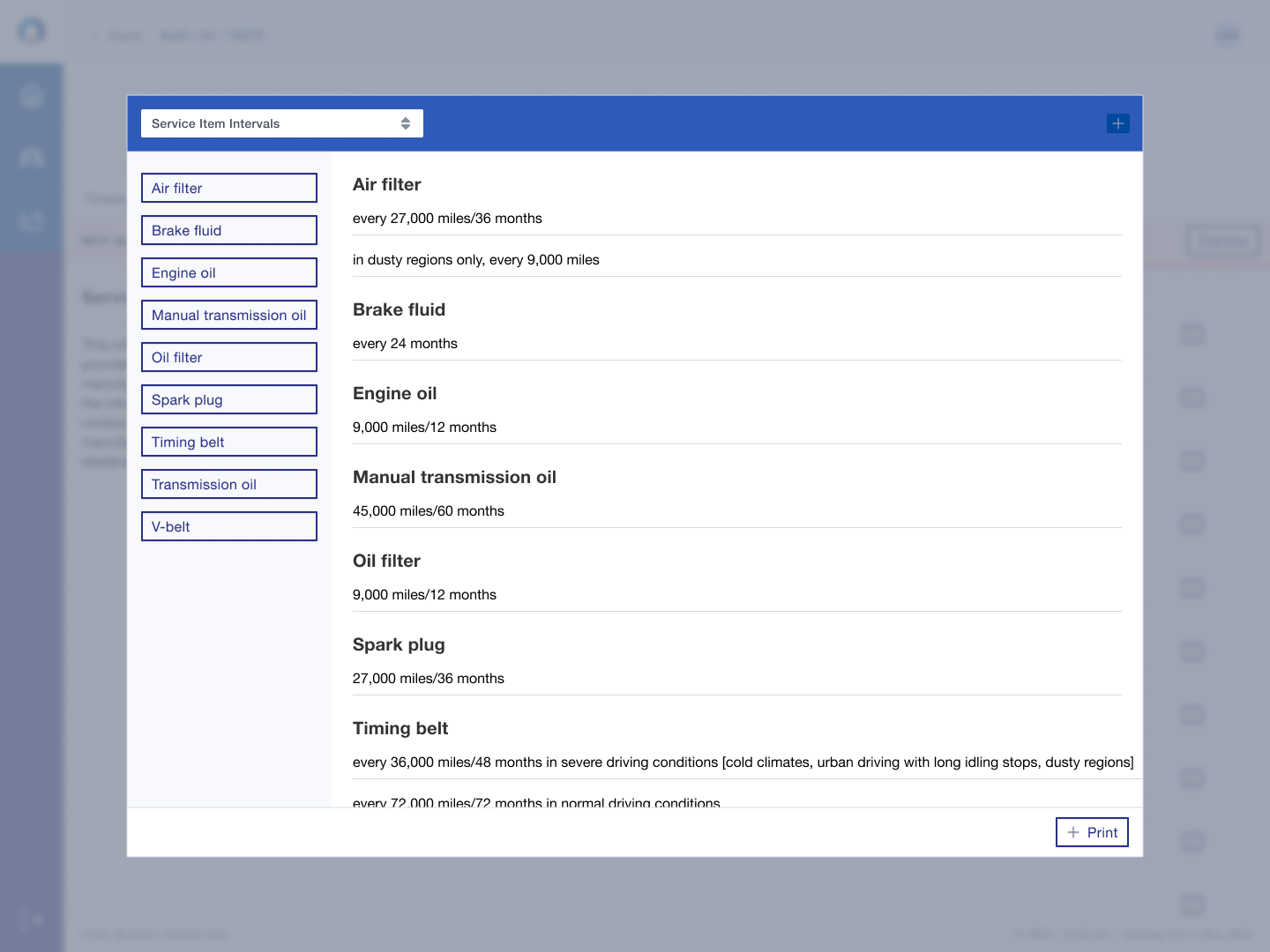 Fleet Management — Service item intervals reference