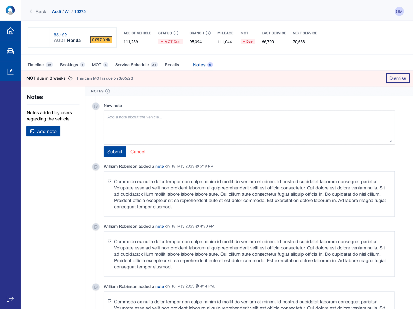 Fleet Management — Vehicle notes and communication