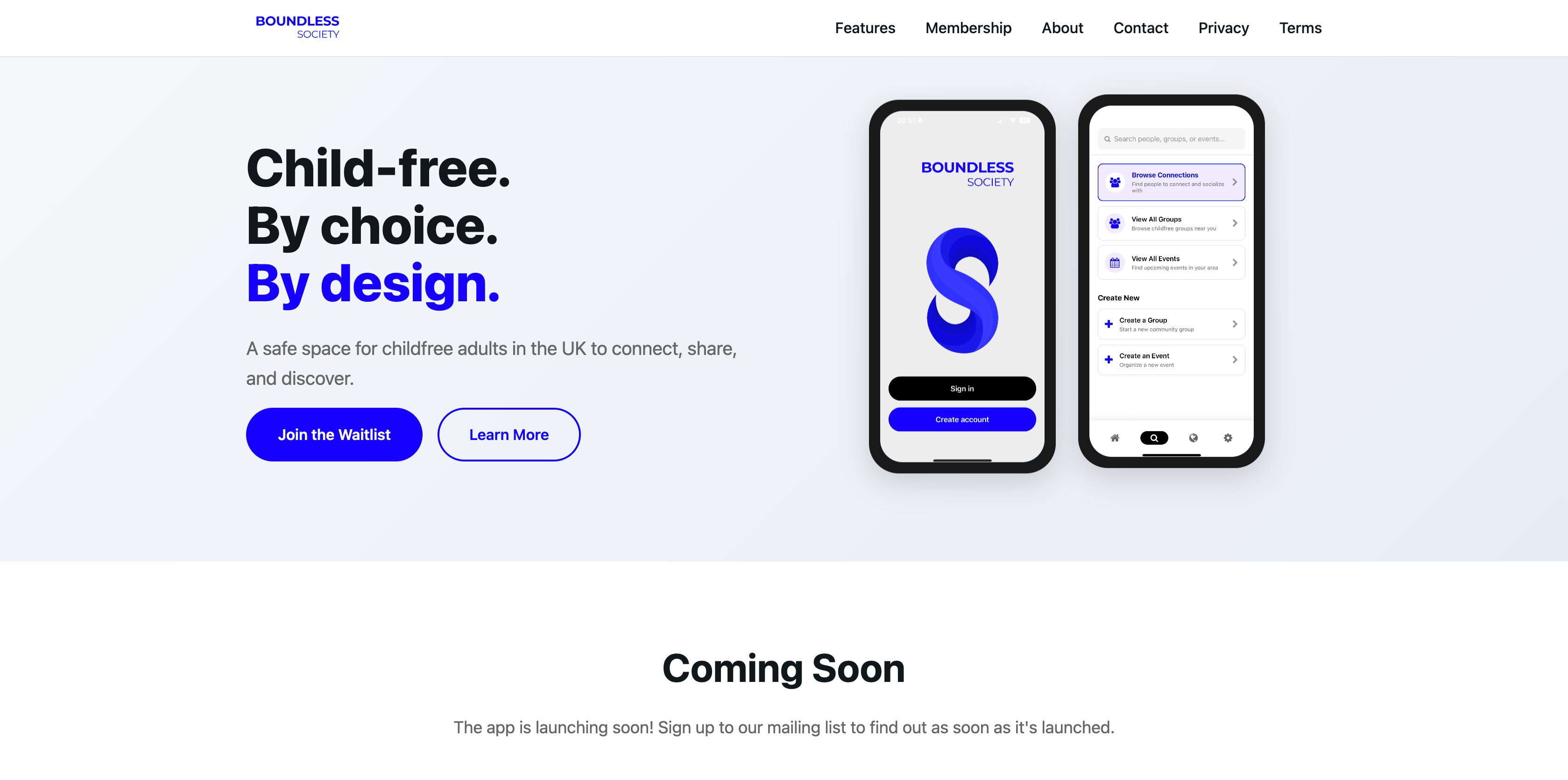Boundless Society — Landing page with app preview showing the login screen and feature navigation